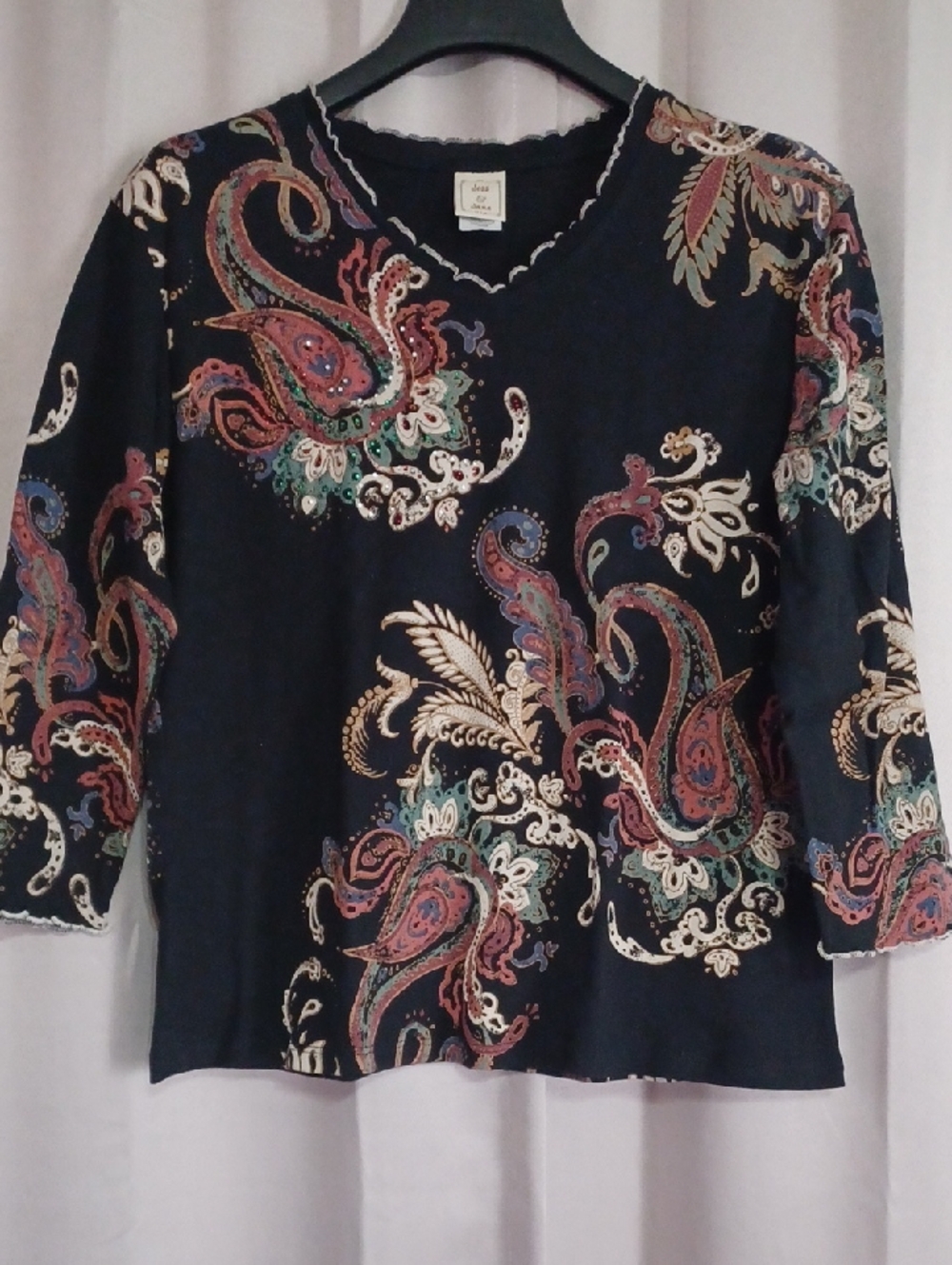 Jess&Jane "Paisley Dream" 3/4 Sleeve Top Scalloped Neckline Wearable Art